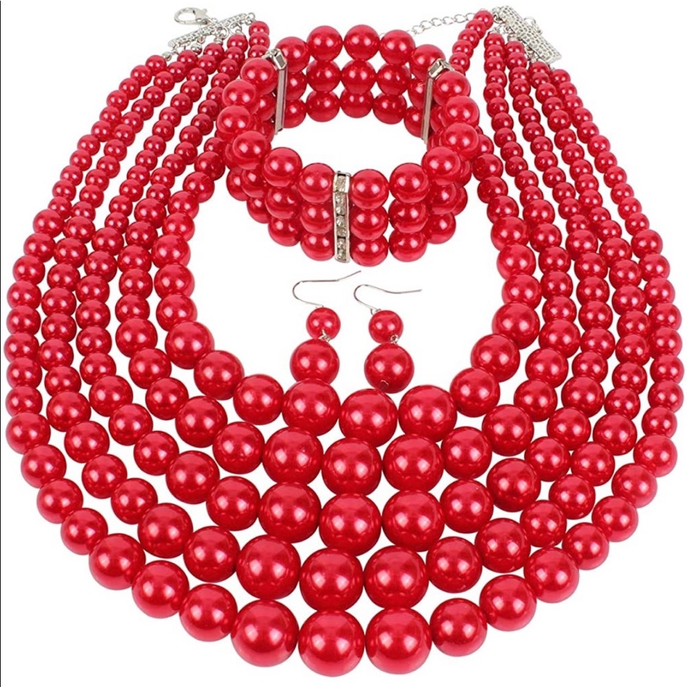 5pcs Red Multi-Layer Pearl Jewelry Set